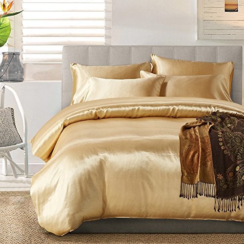 AiMay 3 Piece Satin Duvet Cover Set 1 Duvet Cover  2 Pillowcases Rich Silk Silky 100 Super Soft Microfiber Honeymoon Sexy Bedding Collection Queen Gold