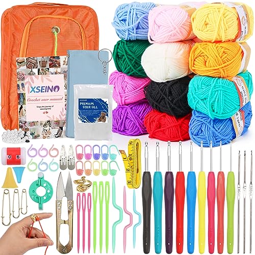 XSEINO Crochet Kit with Step-by-Step Video Tutorials，Premium Bundle Includes 12 Roll x50Yard Acrylic Yarn Balls, 12 Crochet Hooks, Crochet Bag and All Accessories Kit, Crochet Kit for Beginners - Image 1