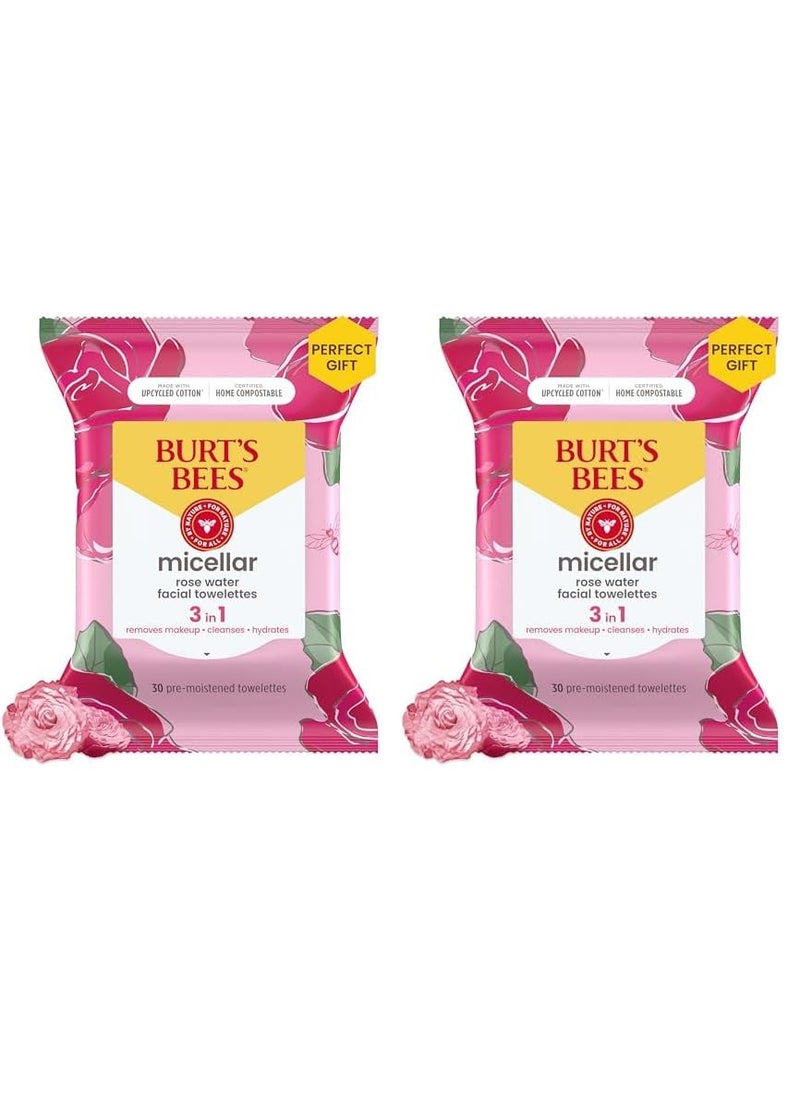 Burt's Bees - Burts Bees Micellar Facial Towelettes With Rose Water PreMoistened Towelettes for All Skin Types 995 Percent Natural Origin Skin Care 30 ct Package Pack of 2 - Image 1