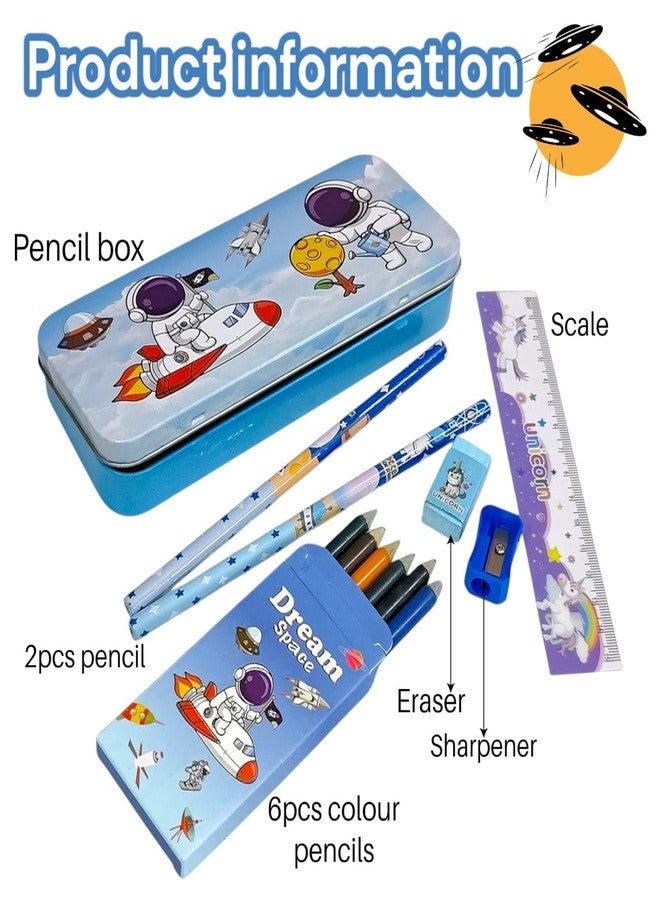 AMANVANI Space Theme Stationery Set for Girls (Pack of 1) | Best Gift for Kids | Sationery Kit for Girls - Pencil Box, Sharpener, Eraser, 6 Pcs Pencil Colour, 2 Pencil, Scale - Image 4