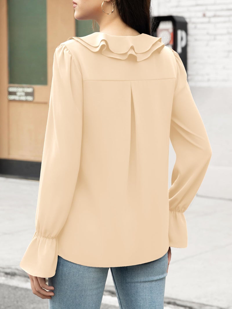 Funlingo Blouses for Women Long Sleeve Business Casual Dressy V Neck Ruffle Tunic Tops Fall 2025 Fashion Office Chiffon Work Shirts Beige M - Image 3