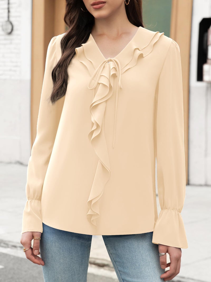 Funlingo Blouses for Women Long Sleeve Business Casual Dressy V Neck Ruffle Tunic Tops Fall 2025 Fashion Office Chiffon Work Shirts Beige M - Image 2