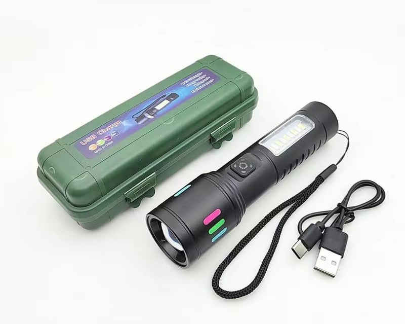 Azelf Azelf 1PC High Power Spotlight Long LED Flashlight with COB Side Light Red Blue Light Aluminum Alloy TypeC Fast Charging Zoomable Ultra Bright Torch Emergency Lighting  - Image 2