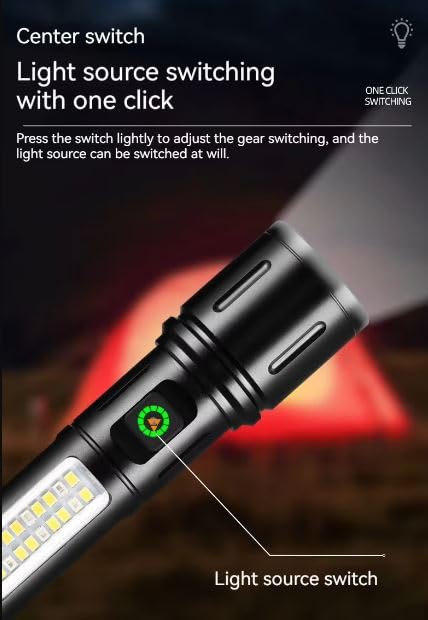 Azelf Azelf 1PC High Power Spotlight Long LED Flashlight with COB Side Light Red Blue Light Aluminum Alloy TypeC Fast Charging Zoomable Ultra Bright Torch Emergency Lighting  - Image 4