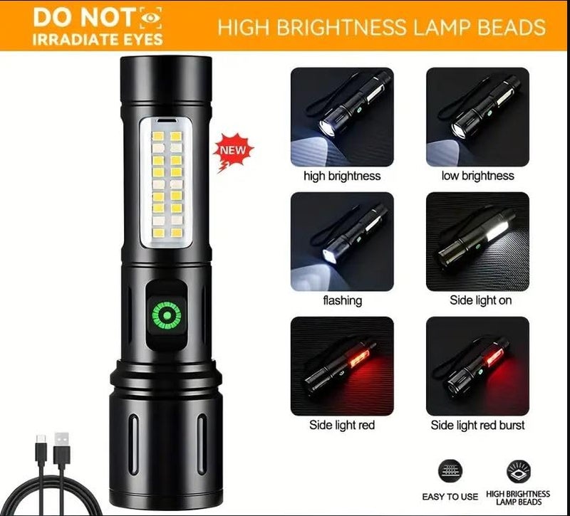 Azelf Azelf 1PC High Power Spotlight Long LED Flashlight with COB Side Light Red Blue Light Aluminum Alloy TypeC Fast Charging Zoomable Ultra Bright Torch Emergency Lighting  - Image 5