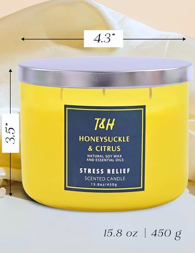 T H Honeysuckle Citrus Grapefruit 3-Wick Soy Candle, 15.8 oz | Aromatherapy Home Candle | Long-Lasting Clean Burn | Stress Relief Gift - Image 4