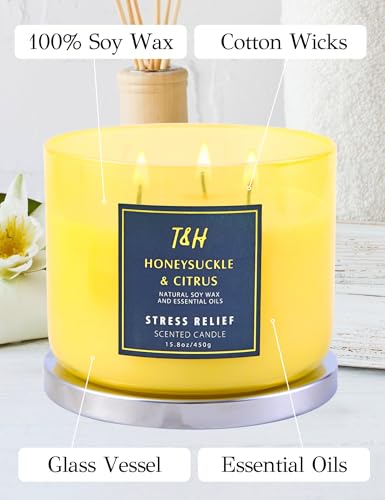 T H Honeysuckle Citrus Grapefruit 3-Wick Soy Candle, 15.8 oz | Aromatherapy Home Candle | Long-Lasting Clean Burn | Stress Relief Gift - Image 5