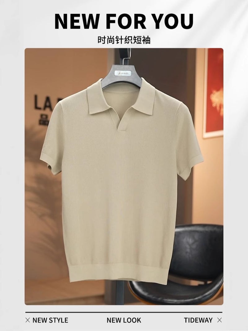 Men's V-Neck Silk Blend Polo Shirt Short Sleeve Casual Knit Top - Image 3