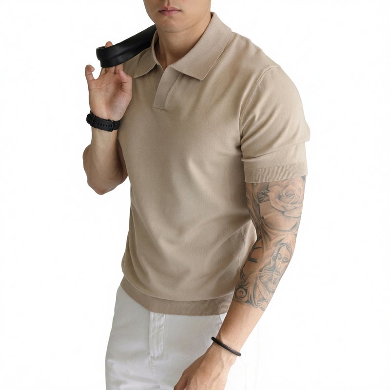 Men's V-Neck Silk Blend Polo Shirt Short Sleeve Casual Knit Top - Image 1