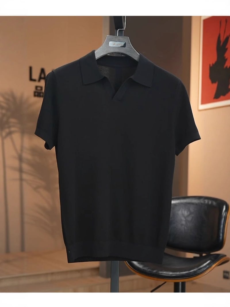 Men's V-Neck Silk Blend Polo Shirt Short Sleeve Casual Knit Top - Image 2
