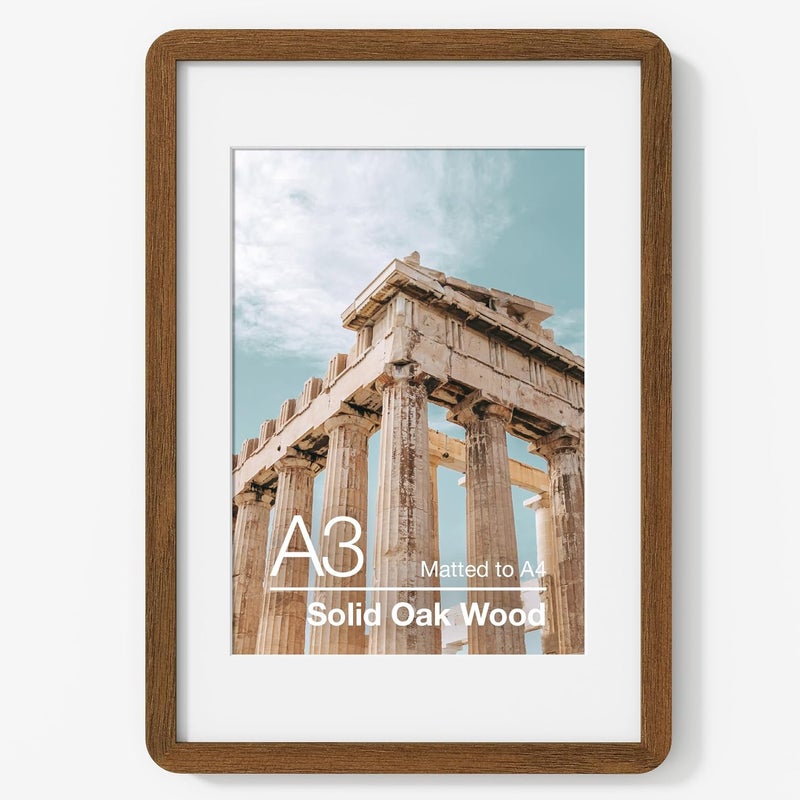 FLYJOE A3 Picture Frame | Solid Oak Wood Picture Frame | Poster Frame With Mat For A4 | Tempered Glass And Hanging Hardware Included | A3 Photo Frame (Walnut, 1 Pack) - Image 1