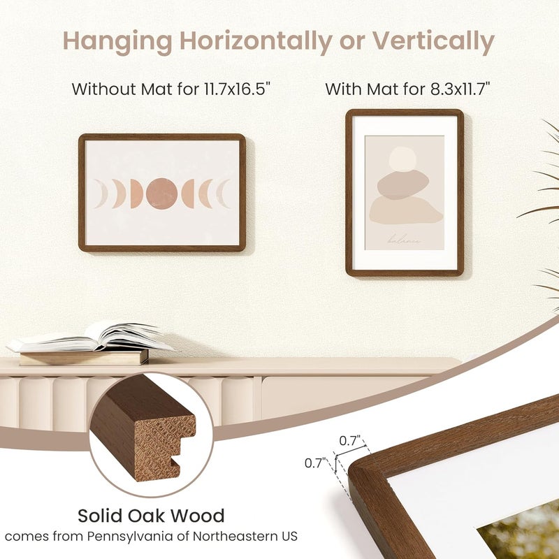 FLYJOE A3 Picture Frame | Solid Oak Wood Picture Frame | Poster Frame With Mat For A4 | Tempered Glass And Hanging Hardware Included | A3 Photo Frame (Walnut, 1 Pack) - Image 3