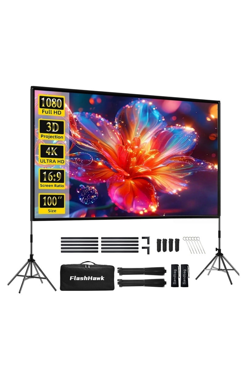 Flash Hawk Projector Screen with Stand -100 inch 16:9 4K HD Portable Outdoor Indoor Projector Screen Rear Front Projection Screen Lightweight Movie Screen with Four-Legged Frame Carry Bag for Home Theater  - Image 1