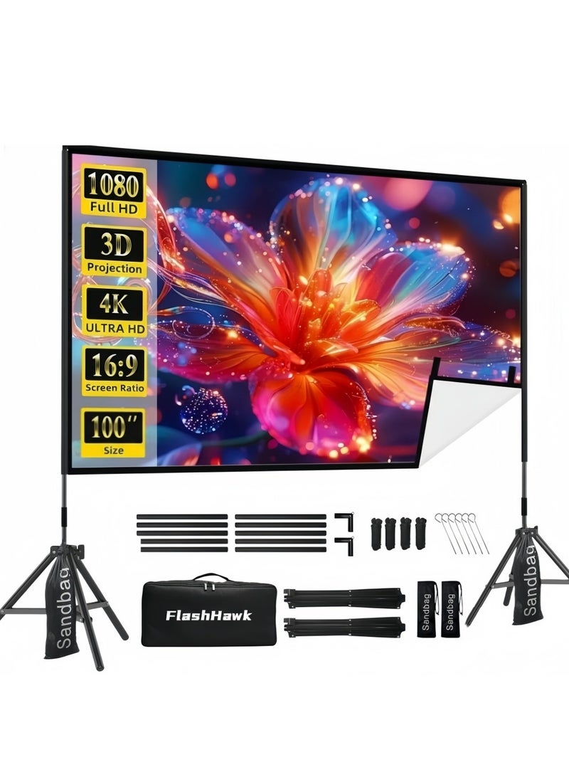Flash Hawk Projector Screen with Stand -100 inch 16:9 4K HD Portable Outdoor Indoor Projector Screen Rear Front Projection Screen Lightweight Movie Screen with Four-Legged Frame Carry Bag for Home Theater - Image 1