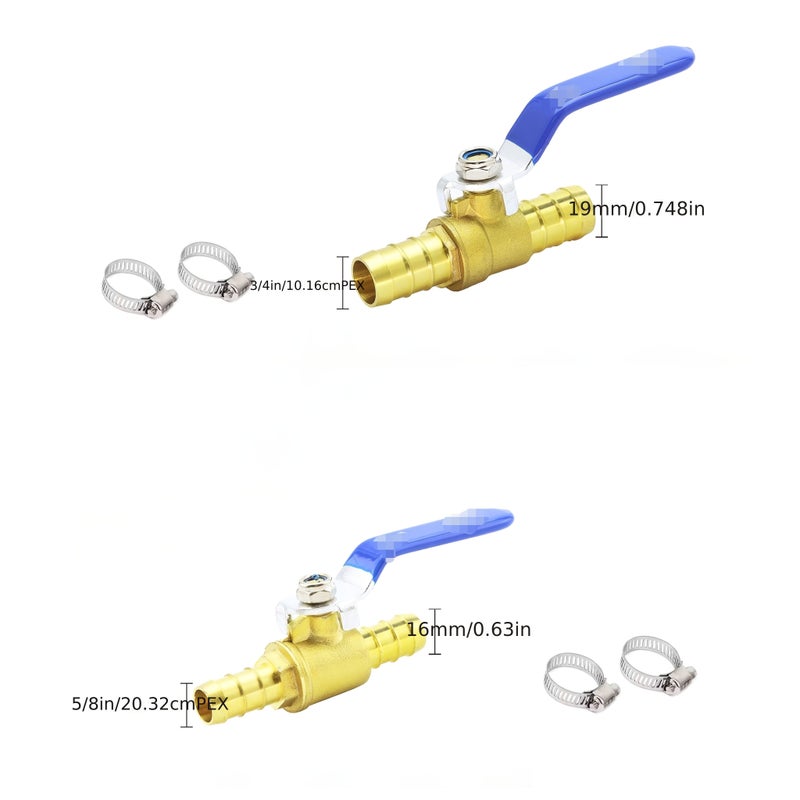 PEX Brass Ball Valve 5/8 Inch Full Port with 2 Stainless Steel Hose Clamps for Hot Cold Water - Image 1