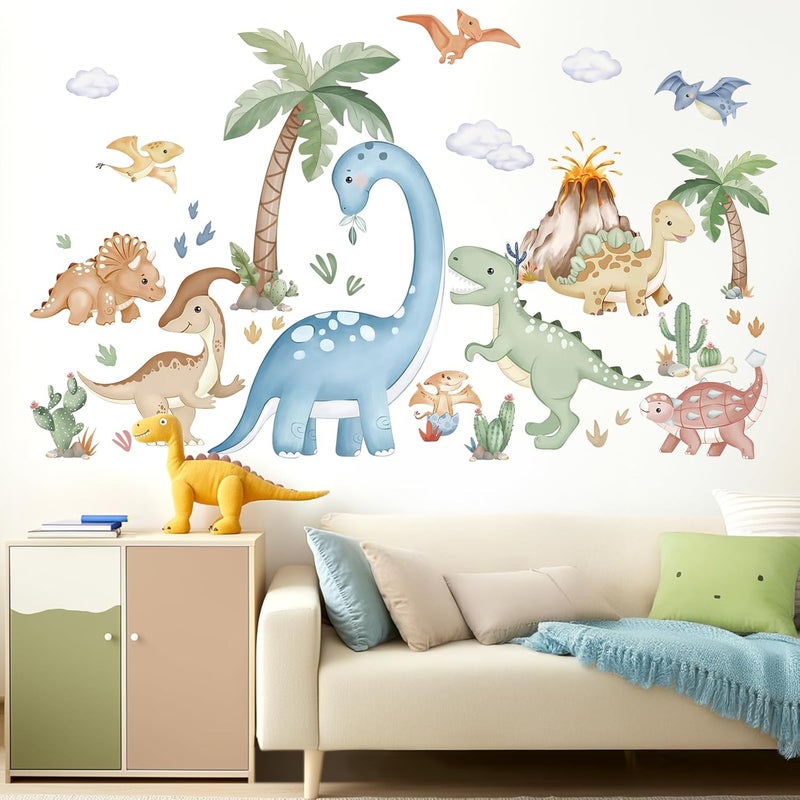 wondever Large Boho Dinosaur Wall Stickers Watercolor Dino Tropical Plants Volcano Peel and Stick Wall Art Decals for Baby Nursery Kids Bedroom Playroom - Image 3