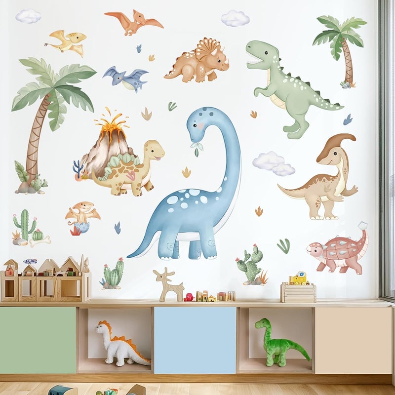 wondever Large Boho Dinosaur Wall Stickers Watercolor Dino Tropical Plants Volcano Peel and Stick Wall Art Decals for Baby Nursery Kids Bedroom Playroom - Image 2