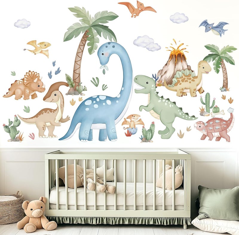 wondever Large Boho Dinosaur Wall Stickers Watercolor Dino Tropical Plants Volcano Peel and Stick Wall Art Decals for Baby Nursery Kids Bedroom Playroom - Image 1