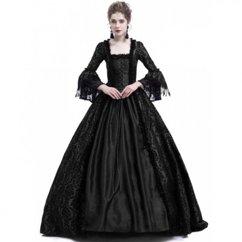 New Vintage Court Gown Printed Lace Patchwork Plus Size Horn Sleeve Medieval Dress - Image 4