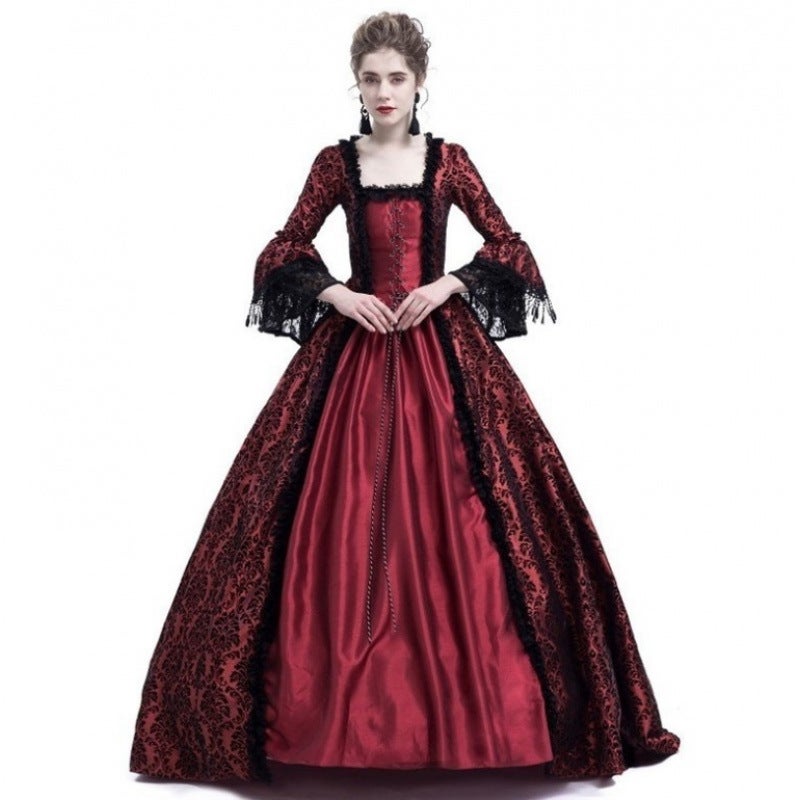 New Vintage Court Gown Printed Lace Patchwork Plus Size Horn Sleeve Medieval Dress - Image 3