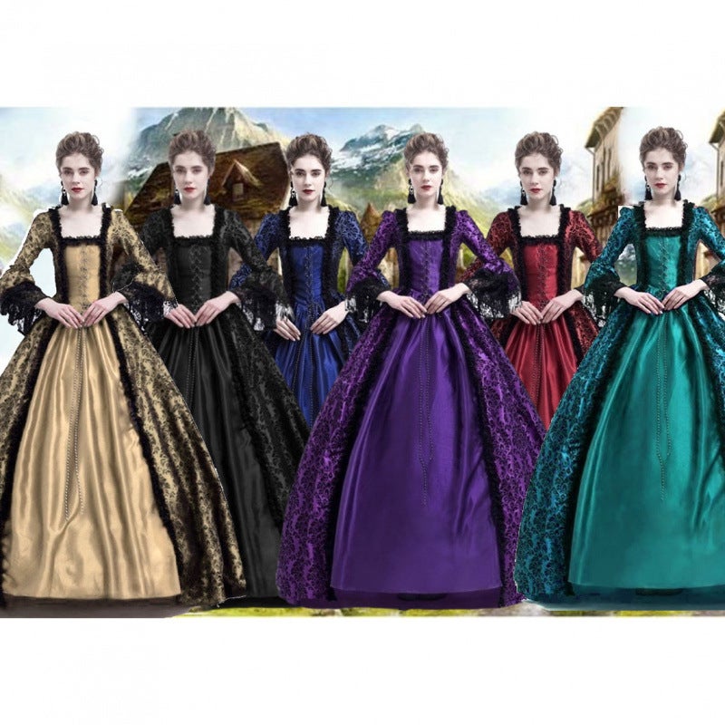 New Vintage Court Gown Printed Lace Patchwork Plus Size Horn Sleeve Medieval Dress - Image 2