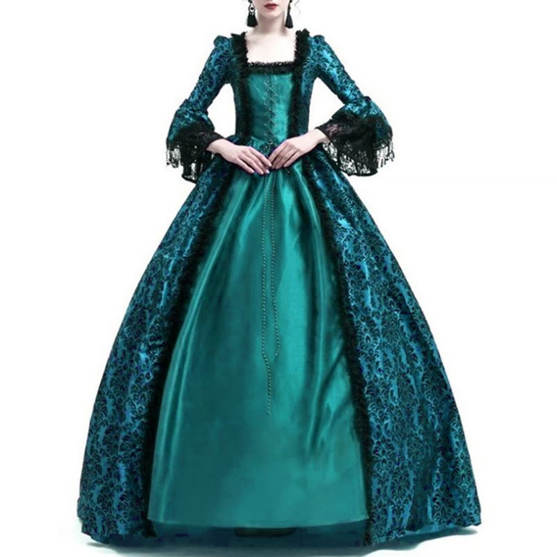 New Vintage Court Gown Printed Lace Patchwork Plus Size Horn Sleeve Medieval Dress - Image 1