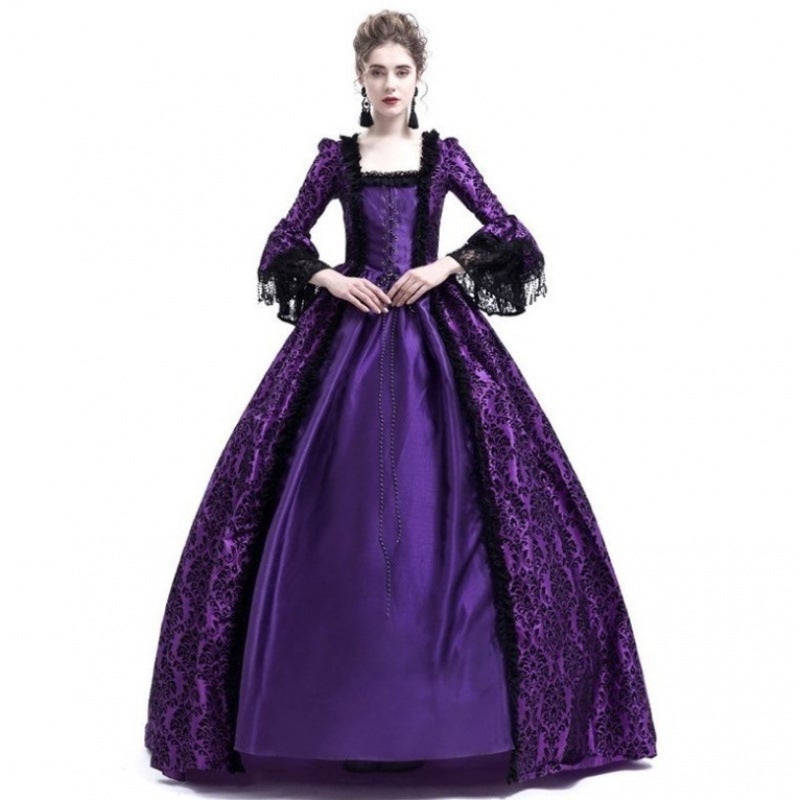 New Vintage Court Gown Printed Lace Patchwork Plus Size Horn Sleeve Medieval Dress - Image 5