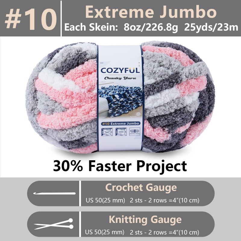 Cozyful Chunky Yarn for Hand Knitting - #10 Chunky Chenille Blanket Yarn, Jumbo Big Thick Chunky Yarns for Crocheting, Tie Dye Bulky Knit Yarns, 8 Skein (25 yds 8 oz Each Skein), Pink & Grey & White - Image 2