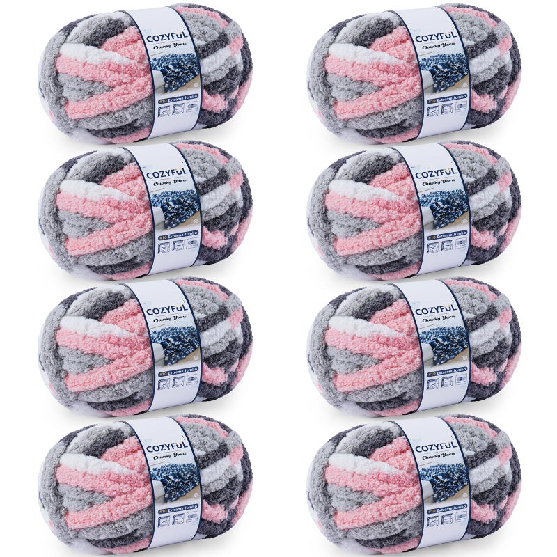 Cozyful Chunky Yarn for Hand Knitting - #10 Chunky Chenille Blanket Yarn, Jumbo Big Thick Chunky Yarns for Crocheting, Tie Dye Bulky Knit Yarns, 8 Skein (25 yds 8 oz Each Skein), Pink & Grey & White - Image 1