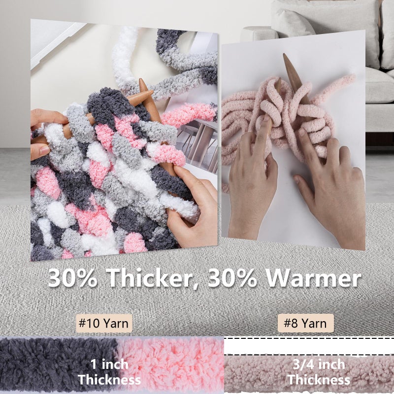 Cozyful Chunky Yarn for Hand Knitting - #10 Chunky Chenille Blanket Yarn, Jumbo Big Thick Chunky Yarns for Crocheting, Tie Dye Bulky Knit Yarns, 8 Skein (25 yds 8 oz Each Skein), Pink & Grey & White - Image 3