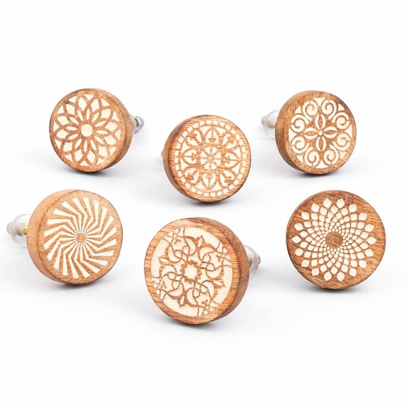 Indian Shelf 6 Pieces Boho Wooden Drawer Knobs Brown Floral Knobs Round Cabinet Knobs