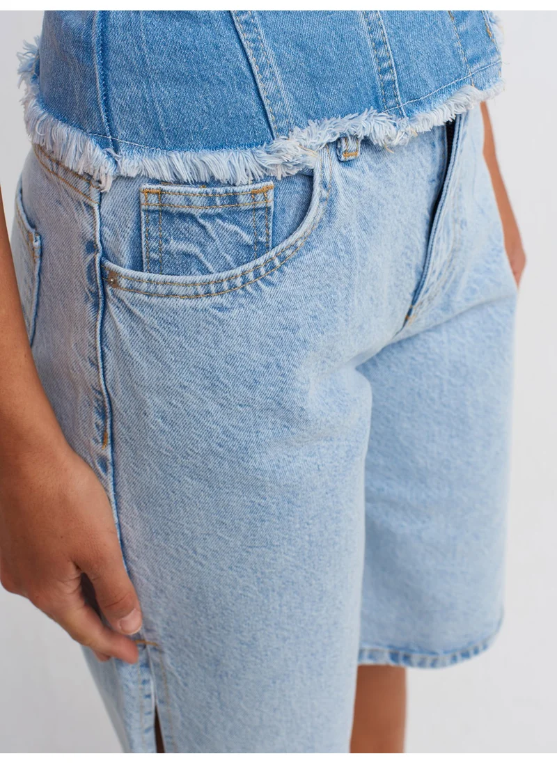 Dilvin 70888 Side Slit Jean Bermuda-Blue