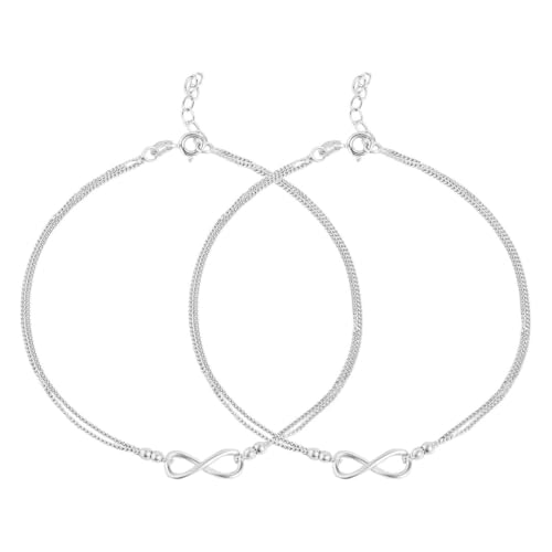 ZAVYA 925 Sterling Silver Designer Layered Infinity Rhodium Plated Adjustable Chain Anklet (Pair) | Gift for Women & Girls | 1 Year Plating Warranty - Image 1