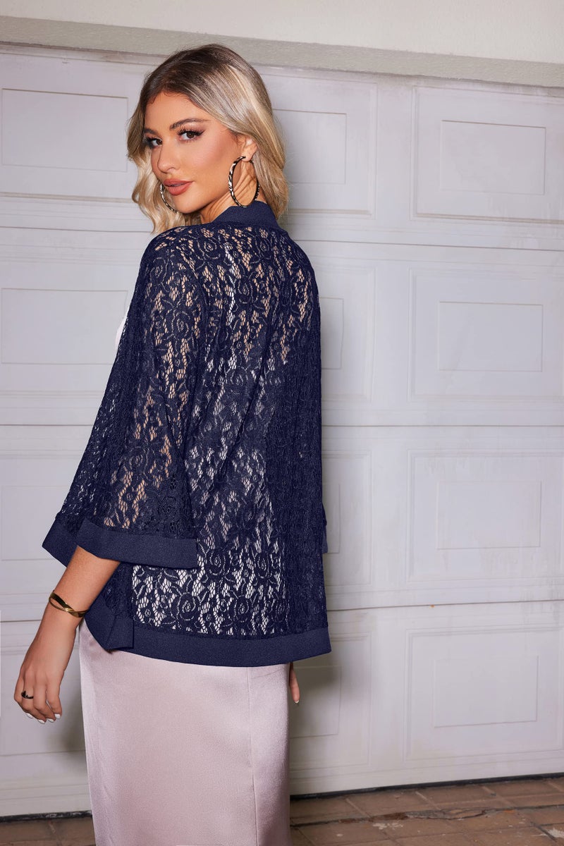 Zeagoo Women's High Low Floral Lace Top 3 4 Sleeve Sheer Cardigan Plus Size Cover Up Bolero Navy Blue - Image 3