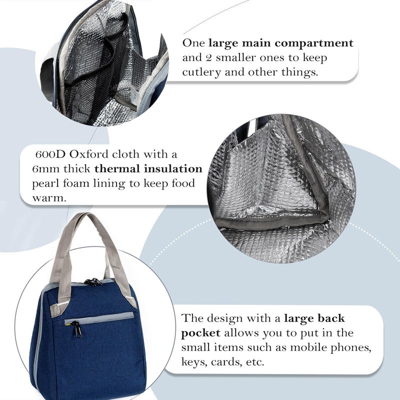 TRAVALATE Insulated Lunch Bag for Men Women - Leakproof Lunch Box for Kids Office Work School Picnic - Reusable Soft Cooler Tote Bag Lunch Bag (Navy Blue) - Image 3