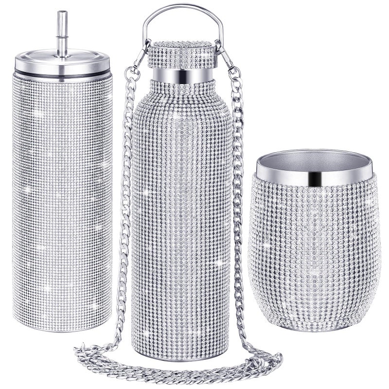 Rtteri Rtteri 3 Pcs Bling Water Bottle Rhinestone Stainless Steel Bling Cup Stemless Glitter Tumbler Insulated Rhinestone Tumbler with Chain Lid and Straw for Women Coffee Martini Wine Cups Silver White