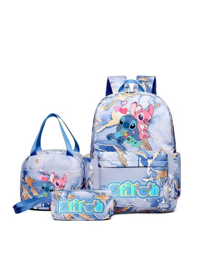 Golden Quicksand Stitch Texture Schoolbag Waterproof Primary and Secondary School Student Backpack Youth Travel Backpack 31*43*15CM + Lunch Bag 27*20*20CM + Pencil Case Three-piece Set