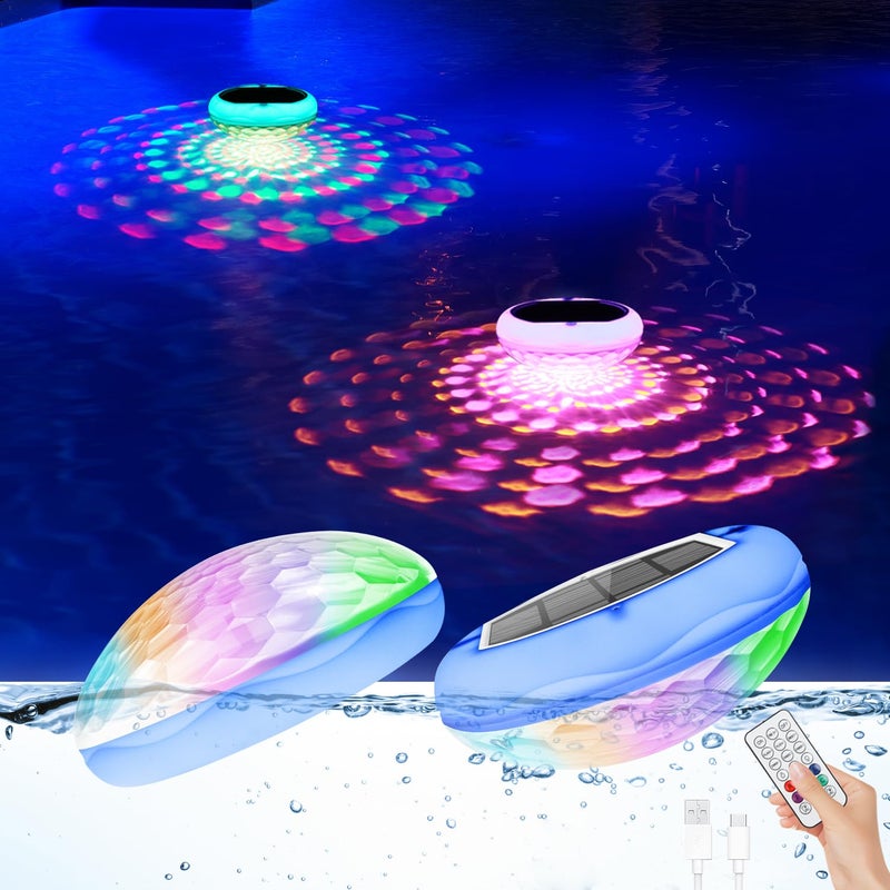 BOXPSII Solar Floating Pool Lights, USB Rechargeable Pool Lights with Remote, 6.7" 2600mAh IP68 Waterproof Floating Light 6 Dynamic Modes Upper and Lower Glow Hangable Light for Pond Patio Party 2 PCS - Image 1