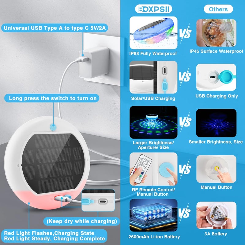 BOXPSII Solar Floating Pool Lights, USB Rechargeable Pool Lights with Remote, 6.7" 2600mAh IP68 Waterproof Floating Light 6 Dynamic Modes Upper and Lower Glow Hangable Light for Pond Patio Party 2 PCS - Image 4