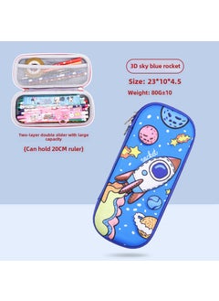 Cartoon Primary School Childrens Pencil Bag 3D Cute Male and Female Stationery Box Large Capacity Creative Pencil Bag Pencil Box Prizes3D sky blue space rocket-two layers of cloth 3D sky blue space rocket-two layers of cloth