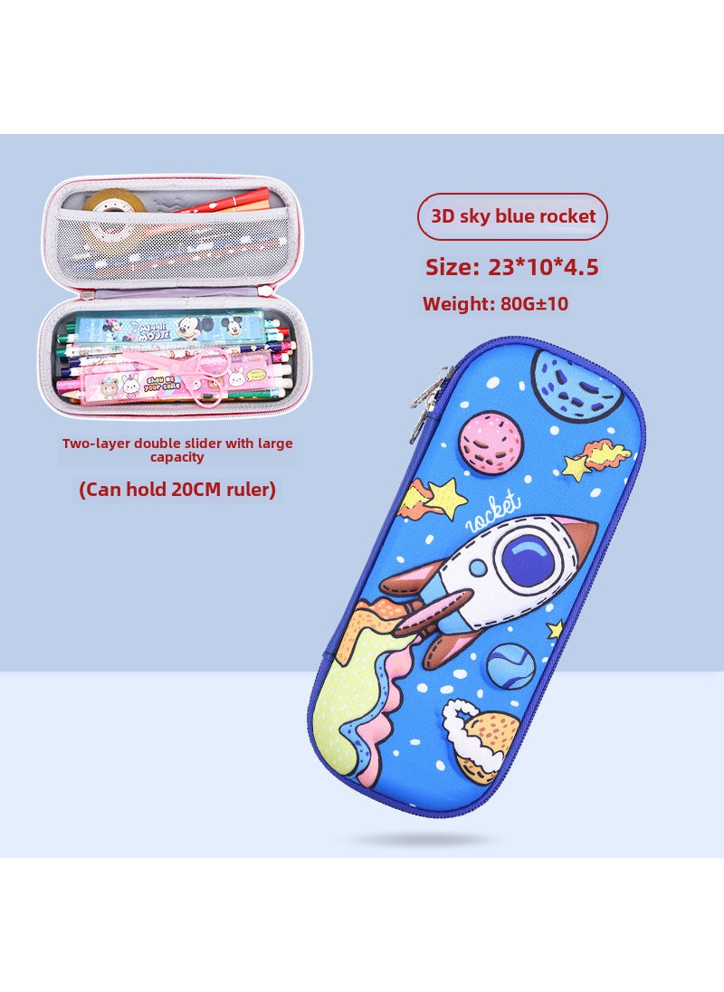 Generic - Cartoon Primary School Childrens Pencil Bag 3D Cute Male and Female Stationery Box Large Capacity Creative Pencil Bag Pencil Box Prizes3D sky blue space rocket-two layers of cloth 3D sky blue space rocket-two layers of cloth - Image 1
