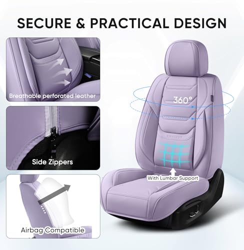 TIEHESYT Leather Car Seat Covers Full Set with Lumbar Support, Waterproof Car Seat Cover, Universal Seat Covers for Cars, Trucks, SUVs, Sedans, Airbag Compatible, Front Pair and Rear, Purple - Image 5
