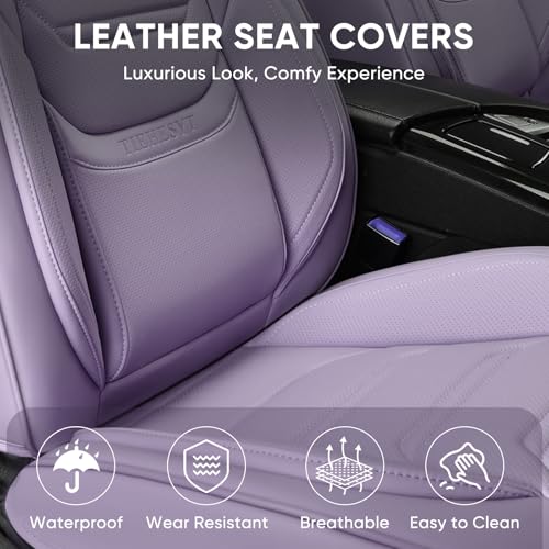 TIEHESYT Leather Car Seat Covers Full Set with Lumbar Support, Waterproof Car Seat Cover, Universal Seat Covers for Cars, Trucks, SUVs, Sedans, Airbag Compatible, Front Pair and Rear, Purple - Image 2