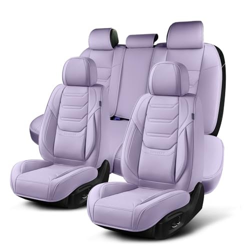 TIEHESYT Leather Car Seat Covers Full Set with Lumbar Support, Waterproof Car Seat Cover, Universal Seat Covers for Cars, Trucks, SUVs, Sedans, Airbag Compatible, Front Pair and Rear, Purple - Image 1