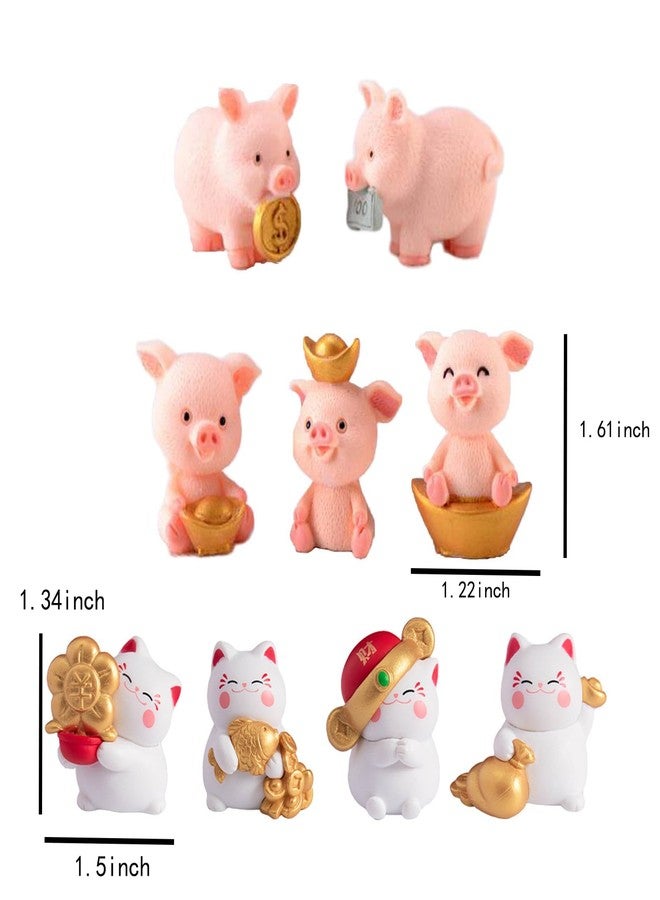 HYSTYLE 9 Pcs Miniature Fortune Pig & Lucky Cat Figurines Resin Good Luck Animal Collectible Figurines Cake Topper Home Decor Fortune Cats Statue Ornaments - Image 2