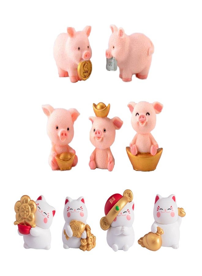 HYSTYLE 9 Pcs Miniature Fortune Pig & Lucky Cat Figurines Resin Good Luck Animal Collectible Figurines Cake Topper Home Decor Fortune Cats Statue Ornaments - Image 1