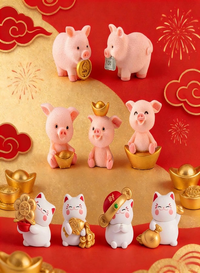 HYSTYLE 9 Pcs Miniature Fortune Pig & Lucky Cat Figurines Resin Good Luck Animal Collectible Figurines Cake Topper Home Decor Fortune Cats Statue Ornaments - Image 4