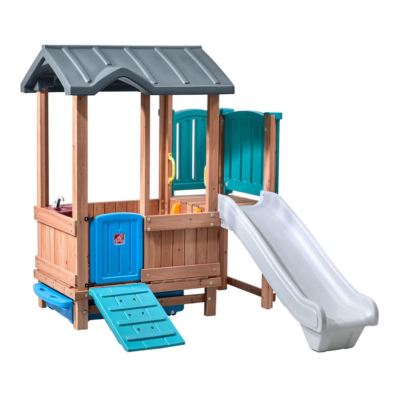 Step2 Woodland Adventure Playhouse Slide Kids Outdoor Playset Backyard Playground Set Swings Storage Drawer Made of Wood Durable Plastic Outside Jungle Gym for Children 38 Years Old - Image 3