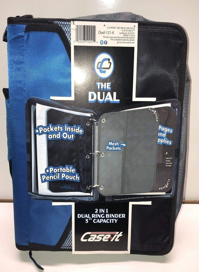 Case it Case-it The Dual 2-in-1 Zipper - Two 1.5 Inch D-Rings - Includes Pencil Pouch - Multiple Pockets - 600 Sheet Capacity - Comes with Shoulder Strap -Dual-121-A-Blue - Image 1