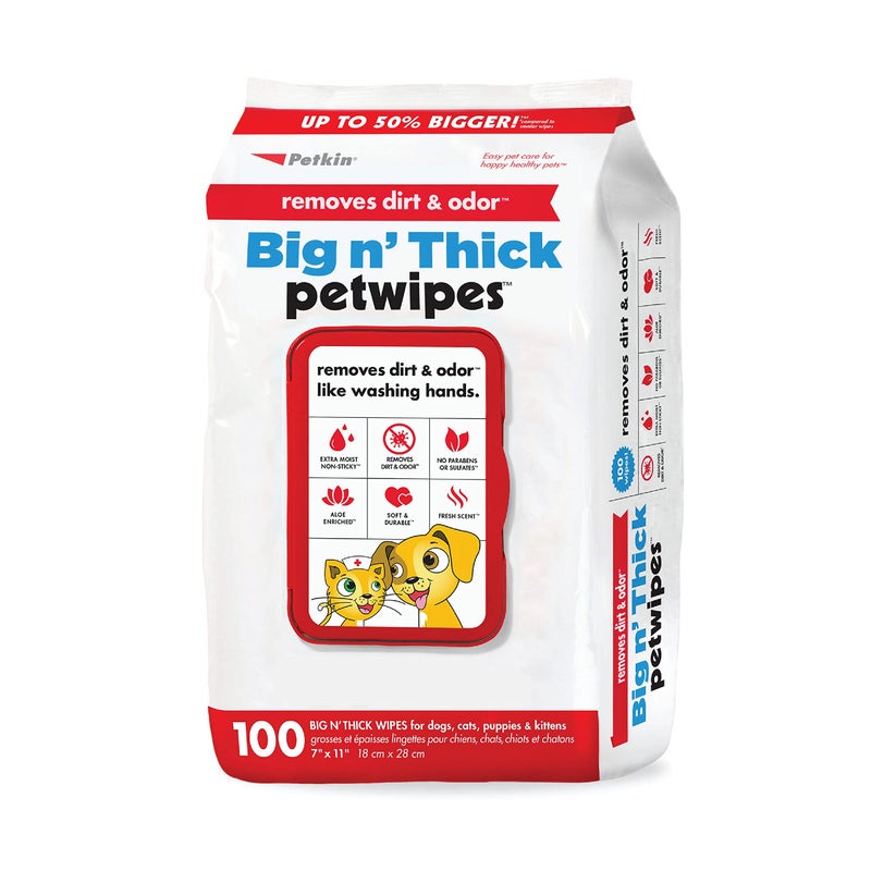 Petkin Pet Wipes for Dogs and Cats, 100 Large Wipes - Removes Dirt & Odor Like Washing Hands - Cleans Ears, Face, Butt, Eye Area - Convenient, Ideal for Home or Travel - 1 Pack of 100 Wipes - Image 1